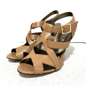 Ann Taylor US 7M nude leather strappy high heel sandals cone heels casual dressy